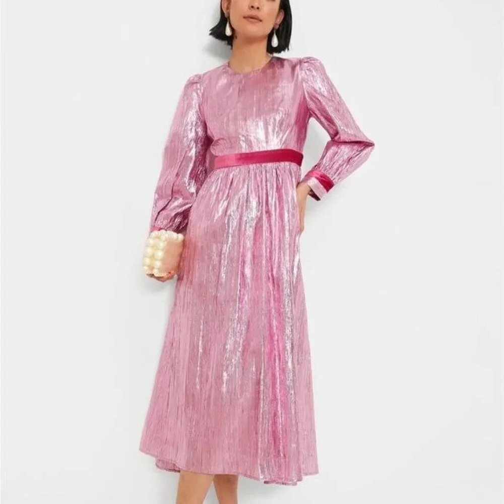 Tuckernuck Hyacinth House Pink Metallic Plisse Eloise Midi Dress Sz S - Picture 3 of 15